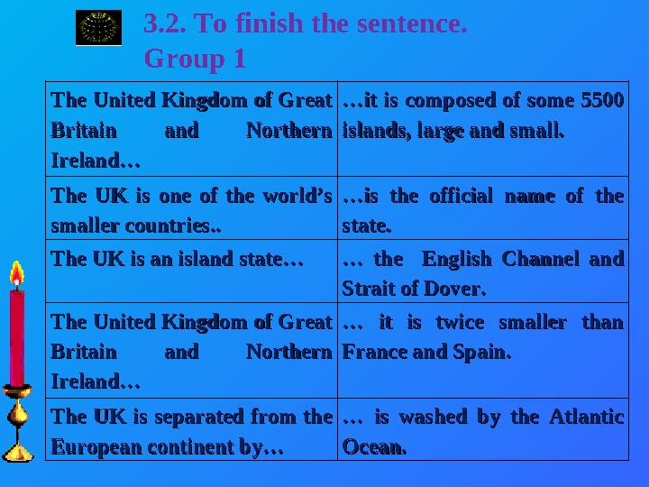 3.2. To finish the sentence. Group 1 The United Kingdom of Great The United Kingdom of Great Britain and Northern Britain and