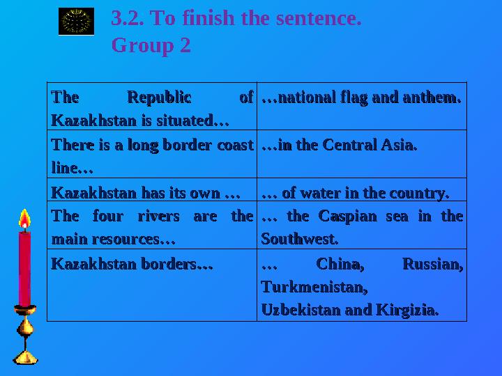 3.2. To finish the sentence. Group 2 The Republic of The Republic of Kazakhstan is situated…Kazakhstan is situated… ……national