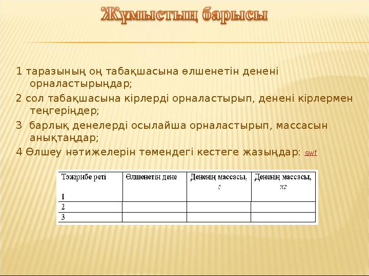 1 таразының оң табақшасына өлшенетін денені орналастырыңдар; 2 сол табақшасына кірлерді орналастырып, денені кірлермен теңгер