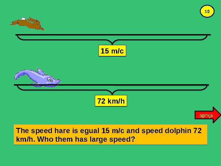15 m/с 15 m/с72 km/h 72 km/hThe speed hare is egual 15 m/c and speed dolphin 72 km/h. Who them has large speed? The spee