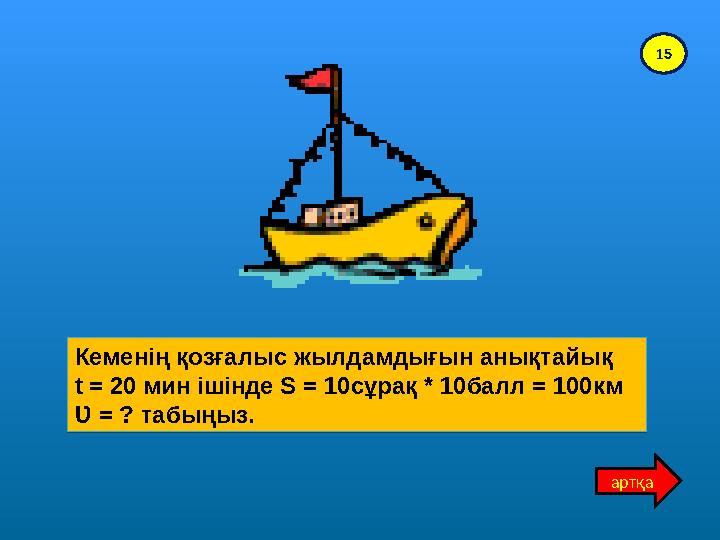 Кеменің қозғалыс жылдамдығын анықтайық t = 20 мин ішінде S = 10сұрақ * 10балл = 100км Ʋ = ? табыңыз. Кеменің қозғалыс жылдамдығ
