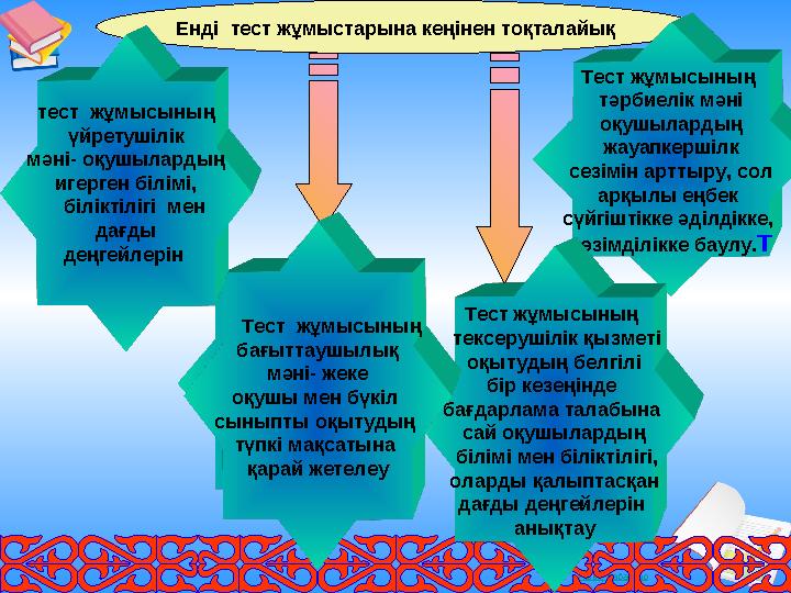 Ашық сабақтар Енді тест жұмыстарына кеңінен тоқталайық Түр-түсі Тест жұмысының тәрбиелік мәні оқушылардың жауапкершілк сез