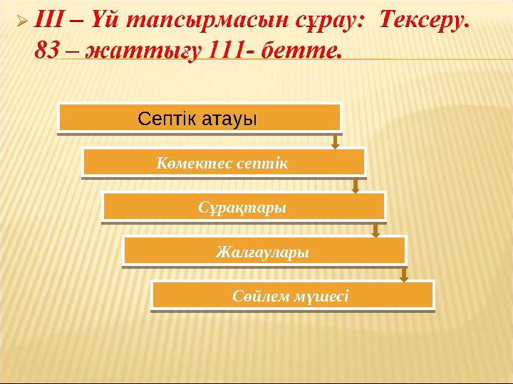 Септік атауы Септік атауы Көмектес септік Көмектес септік Сұрақтары Сұрақтары Жалғаулары Жалғаулары Сөйлем мүшесі Сөйле