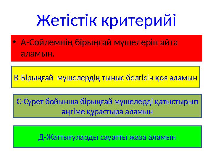 Жетістік критерийі •А-Сөйлемнің бірыңғай мүшелерін айта аламын. В-Бірыңғай мүшелердің тыныс белгісін қоя аламын С-Сурет бойы