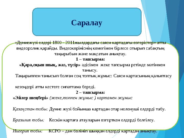 «Дүниежүзі елдері 1800 - 2011жылдардағы саяси картадағы өзгерістер» атты видеоролик қарайды. Видеокөрініснің көмегіме