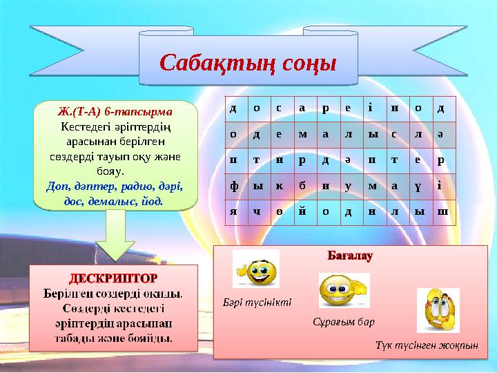 Сабақтың соңы Сабақтың соңыЖ.(Т-А) 6-тапсырма Кестедегі әріптердің арасынан берілген сөздерді тауып оқу және бояу. Доп, дә