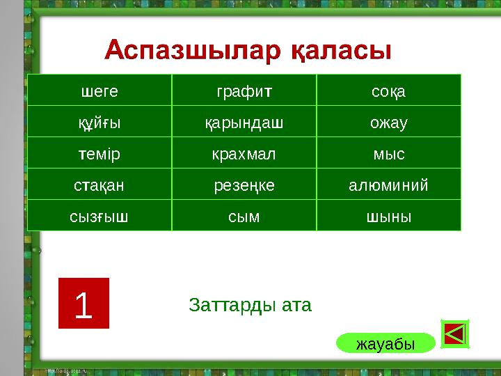 Заттарды ата шеге графит соқа құйғы қарындаш темір ожау алюминийстақан резеңке крахмал сызғыш сым шыны мыс 1 жауабы