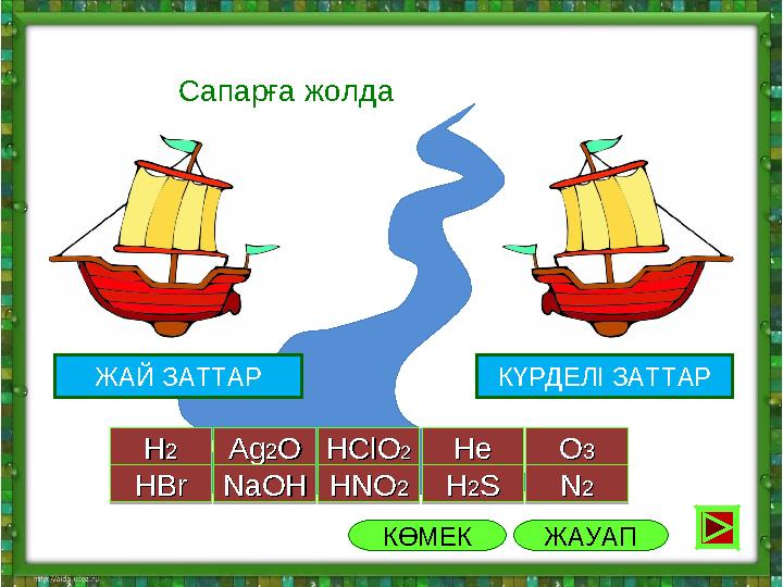 2 группа Сапарға жолда HH22 HH22AgAg22OO AgAg22OOHClOHClO22 HClOHClO22HeHe HeHeOO33 OO33HH22SS HH22SSNN22 NN22HBrHBr HBrHBrNaO