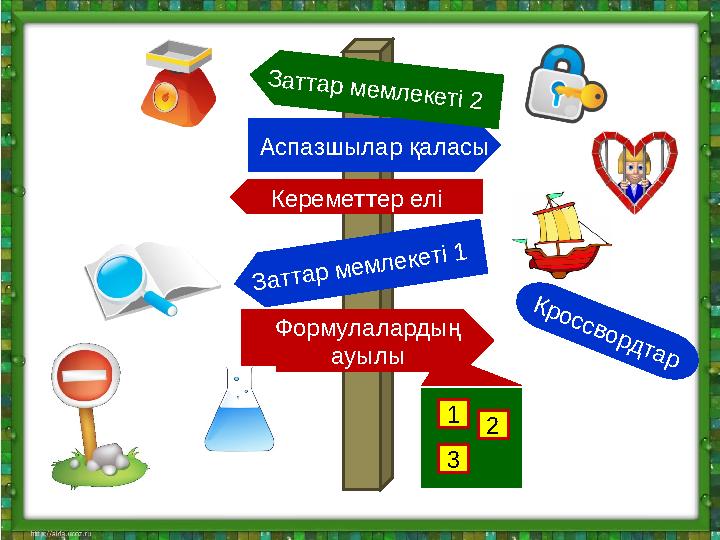 Кереметтер елі Аспазшылар қаласы Заттар мемлекеті 1 Заттар мемлекеті 2 Формулалардың ауылы 1 2 3 К р о с с в о р д т а р