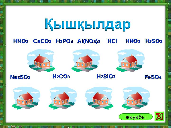HNOHNO22 NaNa22SOSO33 Al(NOAl(NO33))33HClHClHH33POPO44 HNOHNO33 HH22COCO33 FeSOFeSO44 CaCOCaCO33 HH22SiOSiO33 HH22SOSO33 жауабы