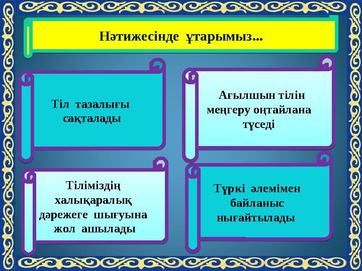 Нәтижесінде ұтарымыз... Нәтижесінде ұтарымыз...Тіл тазалығы сақталады Тіл тазалығы сақталадыТүркі әлемімен байланыс