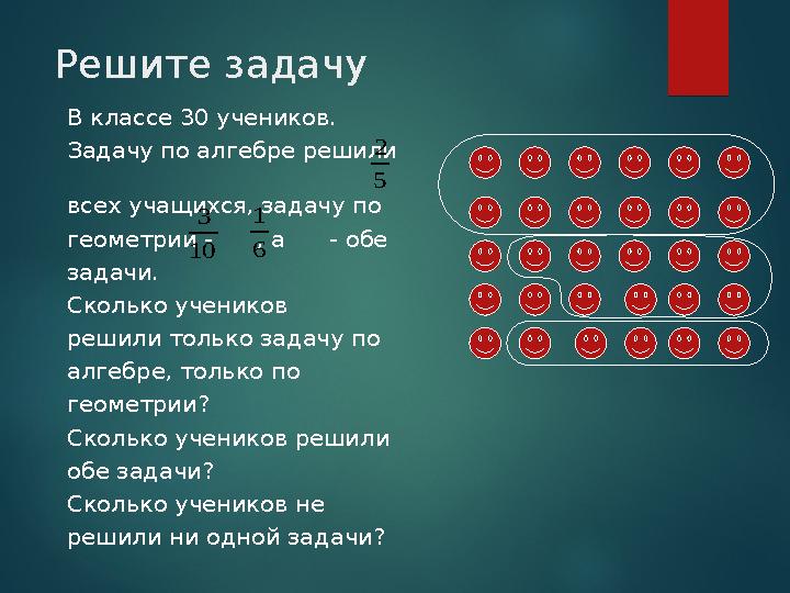 Решите задачу В классе 30 учеников. Задачу по алгебре решили всех учащихся, задачу по геометрии - , а - обе