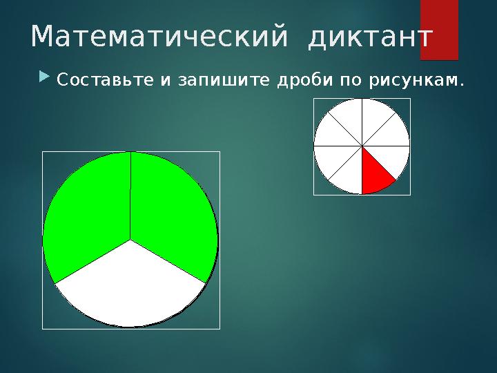 Математический диктант 1. 2. Составьте и запишите дроби по рисункам.
