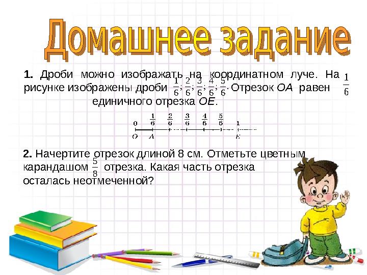 1 2 3 4 5 ; ; ; ; . 6 6 6 6 6 1 6 5 8 1. Дроби можно изображать на координатном луче. На рисунке изображены дроби