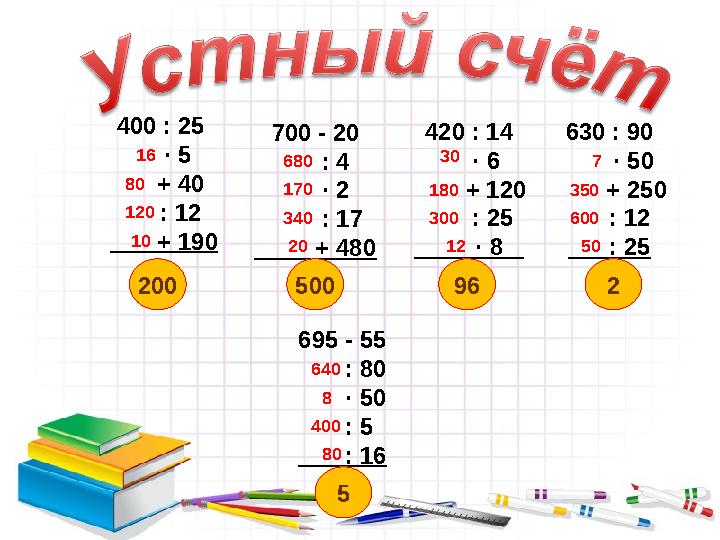 400 : 25 · 5 + 40 : 12 + 190 700 - 20 : 4 · 2 : 17 + 480 420 : 14 ·