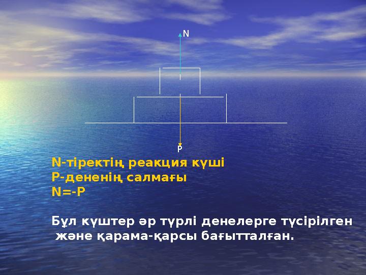 P N N-тіректің реакция күші P-дененің салмағы N=-P Бұл күштер әр түрлі денелерге түсірілген және қарама-қарсы бағытталған.