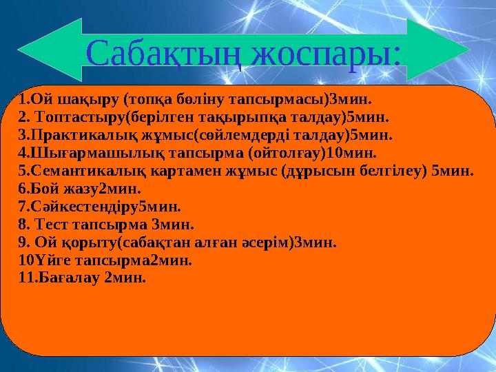 1.Ой шақыру (топқа бөліну тапсырмасы)3мин. 2. Топтастыру(берілген тақырыпқа талдау)5мин. 3.Практикалық жұмыс(сөйлемдерді талдау)