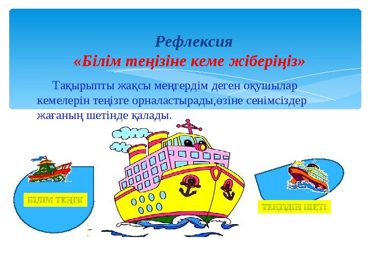 Рефлексия «Білім теңізіне кеме жіберіңіз» Тақырыпты жақсы меңгердім деген оқушылар кемелерін теңізге орналастырады,өзі