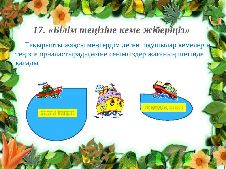 17. «Білім теңізіне кеме жіберіңіз» Тақырыпты жақсы меңгердім деген оқушылар кемелерін теңізге орналастырады,өзіне се