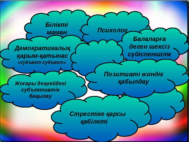 Білікті маман Психолог Демократикалық қарым-қатынас «субъект-субъект» Балаларға деген шексіз сүйіспеншілік Жоғары деңгейде