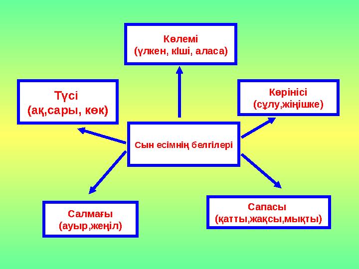 Сын есімнің белгілері Көлемі (үлкен, кІші, аласа) Көрінісі (сұлу,жіңішке) Сапасы (қатты,жақсы,мықты) Салмағы (ауыр,жеңіл) Түсі