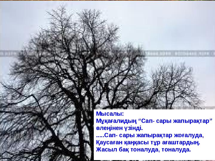 Мысалы: Мұқағалидың “Сап- сары жапырақтар” өлеңінен үзінді. .....Сап- сары жапырақтар жоғалуда, Қаусаған қаңқасы тұр ағаштардың