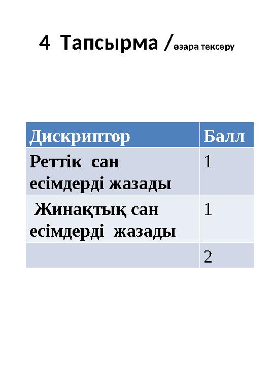 4 Тапсырма /өзара тексеру Дискриптор Балл Реттік сан есімдерді жазады 1 Жинақтық сан есімдерді жазады 1 2