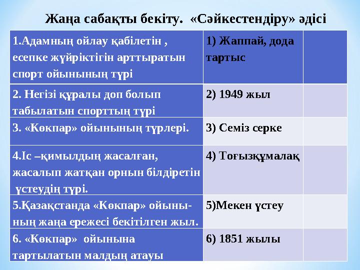 1.Адамның ойлау қабілетін , есепке жүйріктігін арттыратын спорт ойынының түрі 1) Жаппай, дода тартыс 2. Негізі құралы доп бол