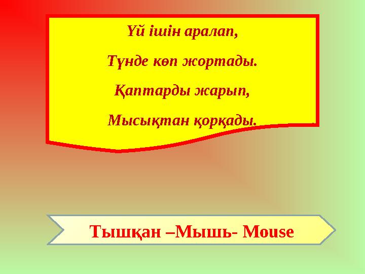 Үй ішін аралап, Түнде көп жортады. Қаптарды жарып, Мысықтан қорқады. Тышқан –Мышь- Mouse