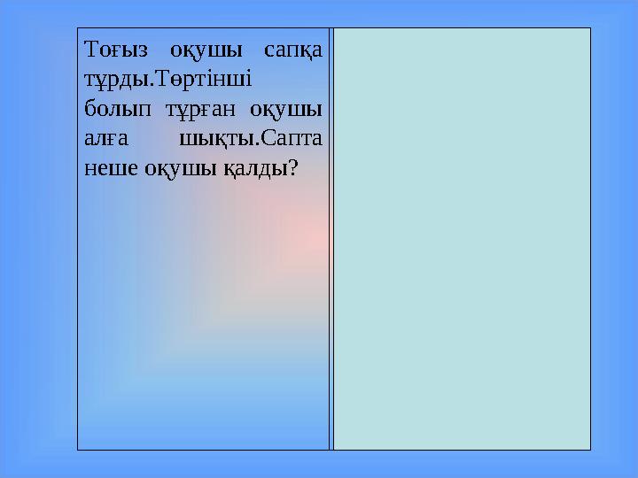 Тоғыз оқушы сапқа тұрды.Төртінші болып тұрған оқушы алға шықты.Сапта неше оқушы қалды? 8-оқушы қалды.