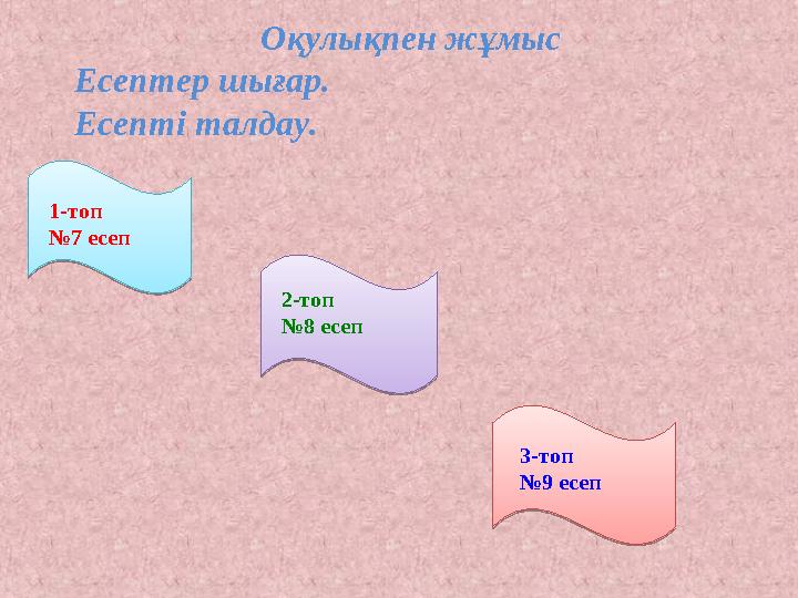 Оқулықпен жұмыс Есептер шығар. Есепті талдау. 1-топ №7 есеп 2-топ №8 есеп 3-топ №9 есеп