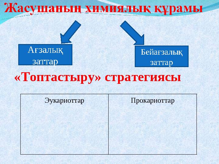 Ағзалық заттар Бейағзалық заттар «Топтастыру» стратегиясы Эукариоттар Прокариоттар