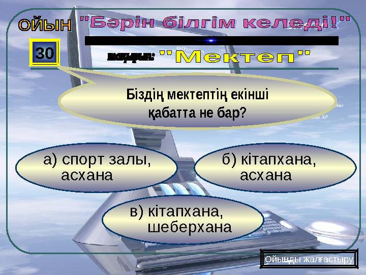 в) кітапхана, шеберхана б) кітапхана, асхана а) спорт залы, асхана 30 Бізді мектепті екінші ң ң абатта не б