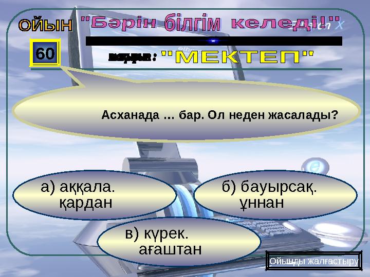 в) күрек. ағаштан б) бауырсақ. ұннан а) аққала. қардан 60 Ойынды жалғастыру Асханада … бар. Ол неден ж