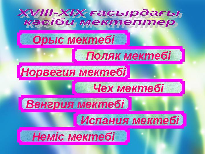 Орыс мектебі Поляк мектебі Норвегия мектебі Чех мектебі Венгрия мектебі Неміс мектебі Испания мектебі