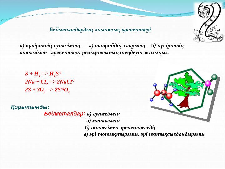 а) күкірттің сутегімен; ә) натрийдің хлормен; б) күкірттің оттегімен әрекеттесу реакциясының теңдеуін жазыңыз. S + H