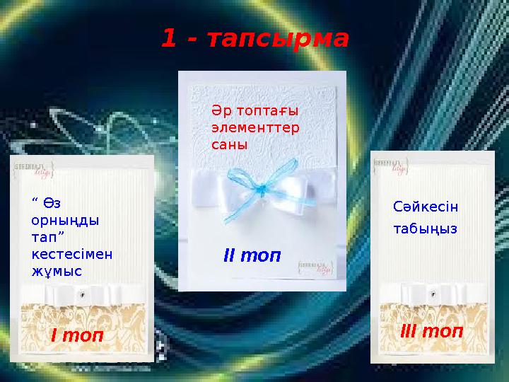 1 - тапсырма “ Өз орныңды тап” кестесімен жұмыс І топ Әр топтағы элементтер саны ІІ топ Сәйкесін табыңыз ІІІ топ