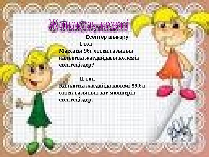 Есептер шығару І топ Массасы 96г оттек газының қалыпты жағдайдағы көлемін есептеңіздер? ІІ топ Қалыпты жағдайда көлемі 89,6л