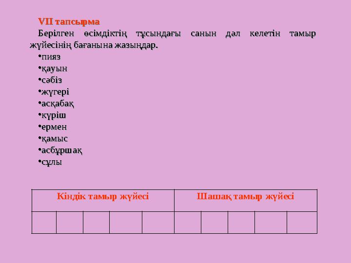 Кіндік тамыр жүйесі Шашақ тамыр жүйесі VІІ тапсырма Берілген өсімдіктің тұсындағы санын дәл келетін тамыр жүйесінің бағанына