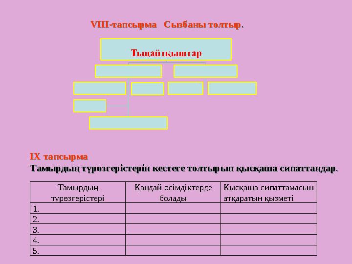 VІІІ-тапсырма Сызбаны толтыр.VІІІ-тапсырма Сызбаны толтыр. Тамырдың түрөзгерістері Қандай өсімдіктерде болады Қысқаша сип