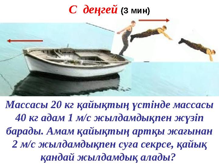 С деңгей (3 мин) Массасы 20 кг қайықтың үстінде массасы 40 кг адам 1 м/с жылдамдықпен жүзіп барады. Амам қайықтың артқы жа