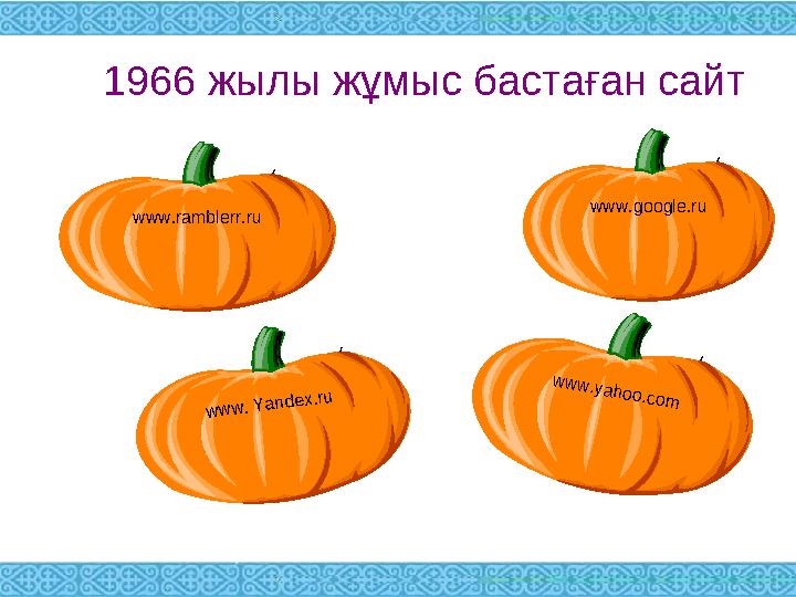 1966 жылы жұмыс бастаған сайт www.google.ru www. Yandex.ru www.yahoo.com www.ramblerr.ru