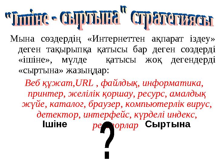 Мына сөздердің «Интернеттен ақпарат іздеу» деген тақырыпқа қатысы бар деген сөздерді «ішіне», мүлде қатысы жоқ дегендерді «сы