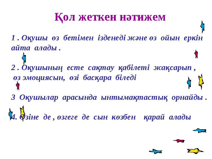 Қол жеткен нәтижем 1 . Оқушы өз бетімен ізденеді және өз ойын еркін айта алады . 2 . Оқушының есте сақтау қабілеті ж