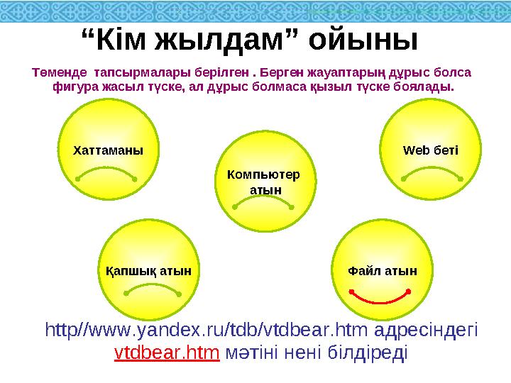 http//www.yandex.ru/tdb/vtdbear.htm адресіндегі vtdbear.htm мәтіні нені білдіреді Файл атын Хаттаманы Web беті Қапшық атын К