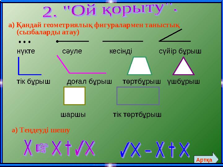 а) Қандай геометриялық фигуралармен таныстық (сызбаларды атау) • • • • нүкте