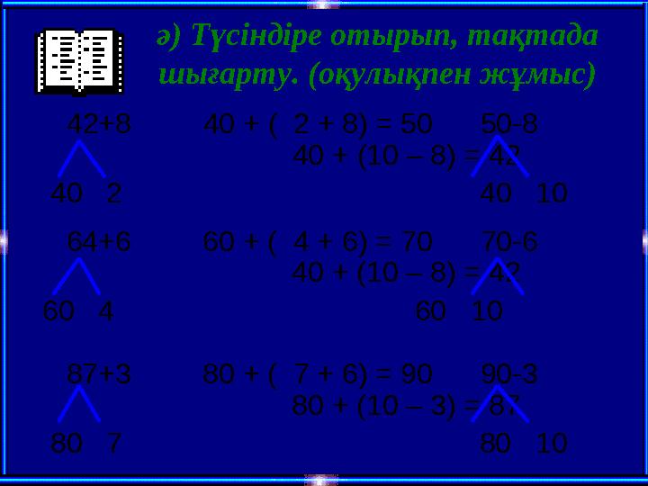 ә) Түсіндіре отырып, тақтада шығарту. (оқулықпен жұмыс) 42+8 40 + ( 2 + 8) = 50 50-8