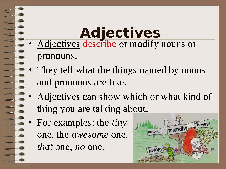 Adjectives •Adjectives describe or modify nouns or pronouns. •They tell what the things named by nouns and pronouns are like.