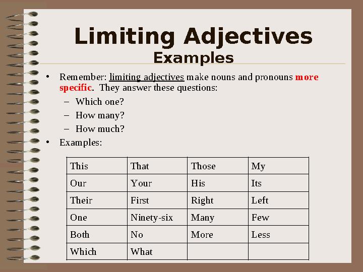 Limiting Adjectives Examples •Remember: limiting adjectives make nouns and pronouns more specific. They answer these questions