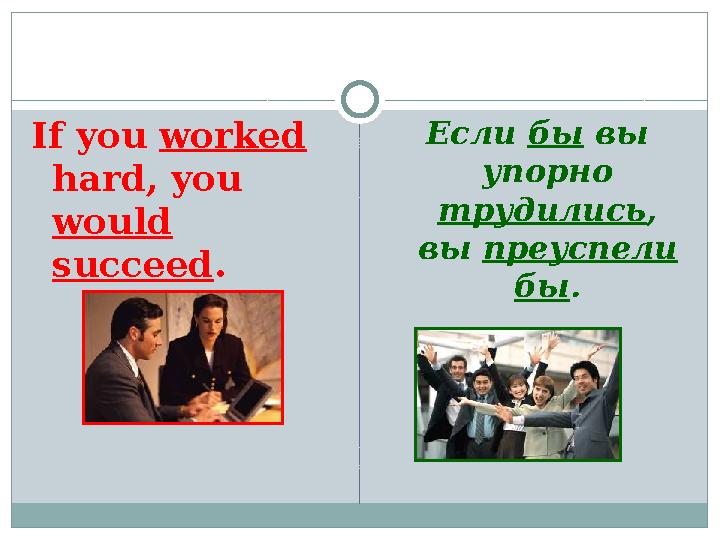If you worked hard, you would succeed . Если бы вы упорно трудились , вы преуспели бы .